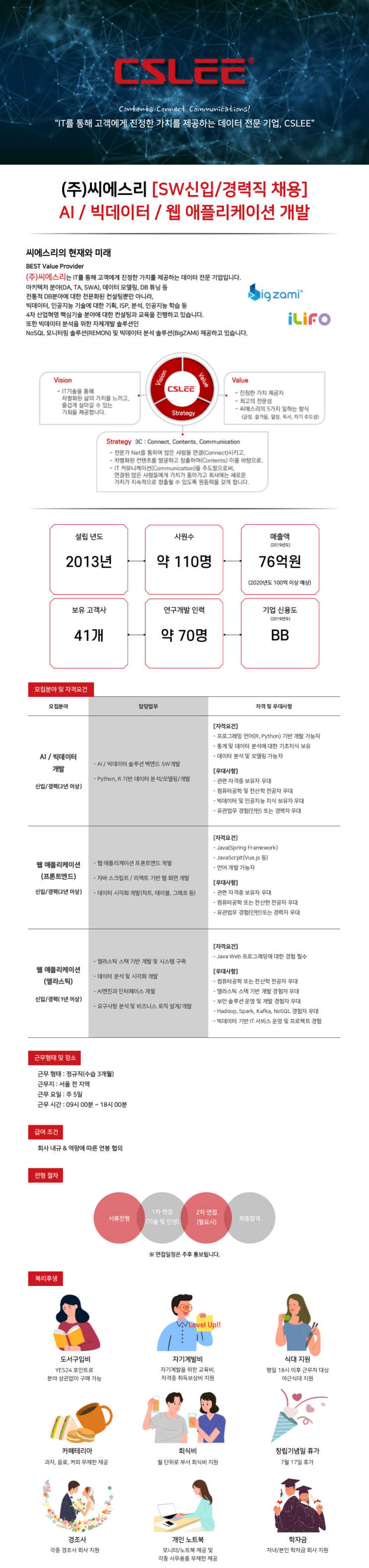  [(주)씨에스리/채용공고] 인공지능(AI), 빅데이터 및 웹 애플리케이션 부문 SW 개발자 정규직 채용
