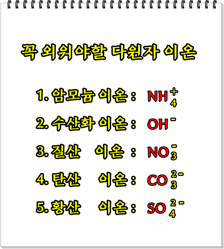  꼭 암기하자! 다원자(암모늄/수산화/질산/탄산/황산)이온식