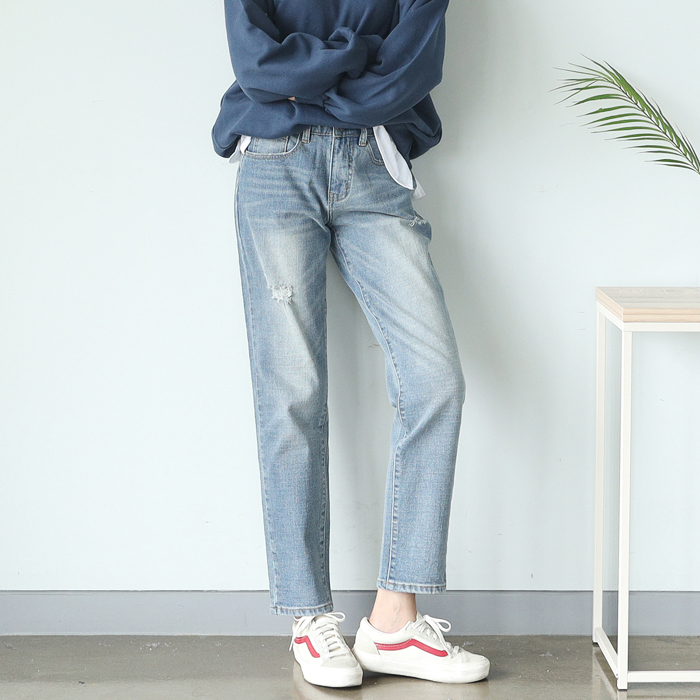  빼빼 여성용 기모 속밴딩 워싱일자청바지