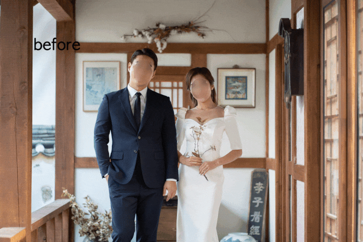  [기본보정] 냥포토 웨딩사진보정업체 - 드레스 & 턱시도 라인 정리, 신랑 & 신부 얼굴 라인 및 피부톤 정리, 승모근 축소, 드레스 주름 정리 등