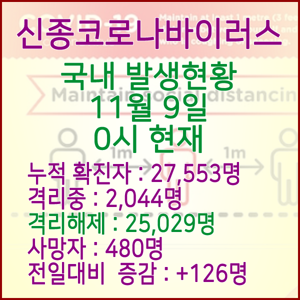  코로나19(코로나바이러스) 11월 9일 0시 국내(해외포함) 발병 27,553명 / 25,029명 완치 격리해제 / 사망자 480명