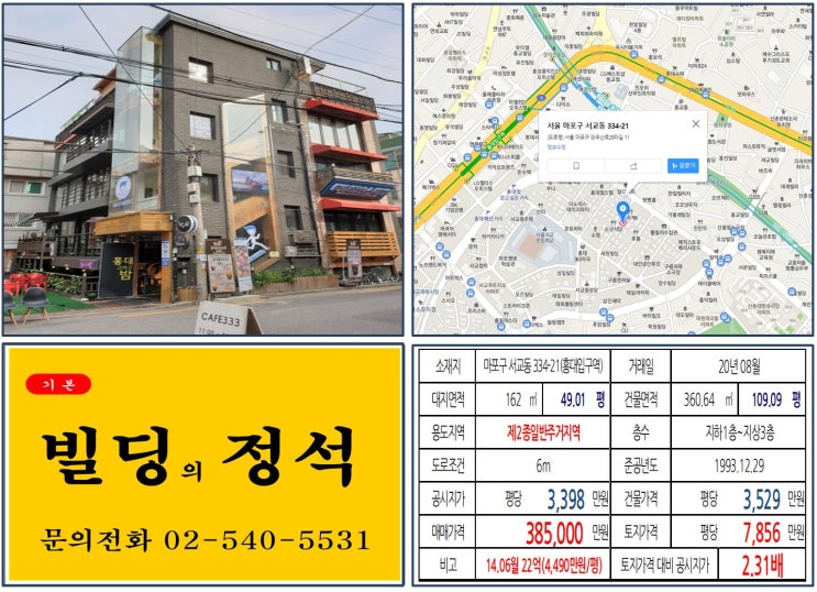 [마포구 홍대입구 먹자상권 40억 꼬마빌딩 실거래가 조회] 서교동 334-21 (홍대입구역) 38.5억 원, 평당 7,856만 원 매매되었습니다. 스타일난다, 커피프린스