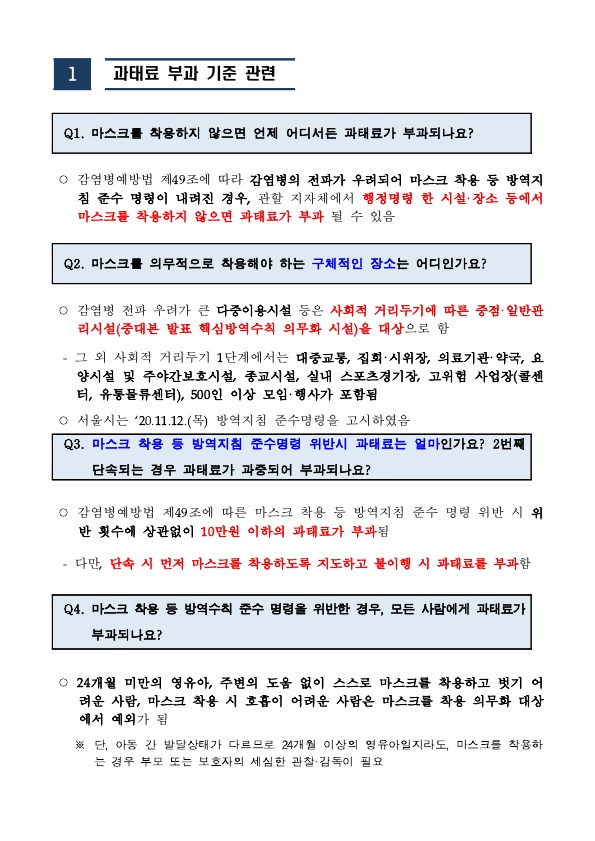  [마스크]과태료 부과기준 관련 핵심 사항 FAQ