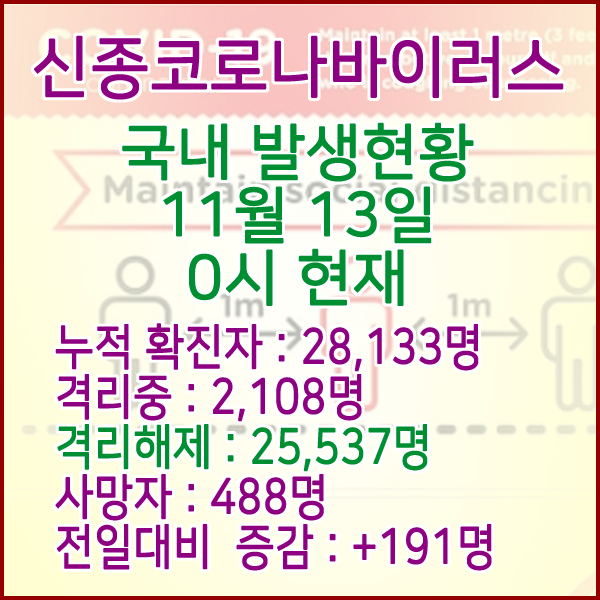  코로나19(코로나바이러스) 11월 13일 0시 국내(해외포함) 발병 28,133명 / 25,537명 완치 격리해제 / 사망자 488명