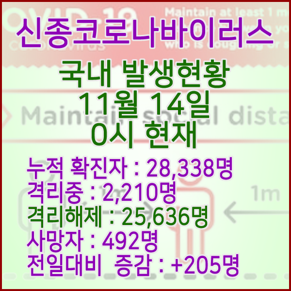  코로나19(코로나바이러스) 11월 14일 0시 국내(해외포함) 발병 28,338명 / 25,636명 완치 격리해제 / 사망자 492명