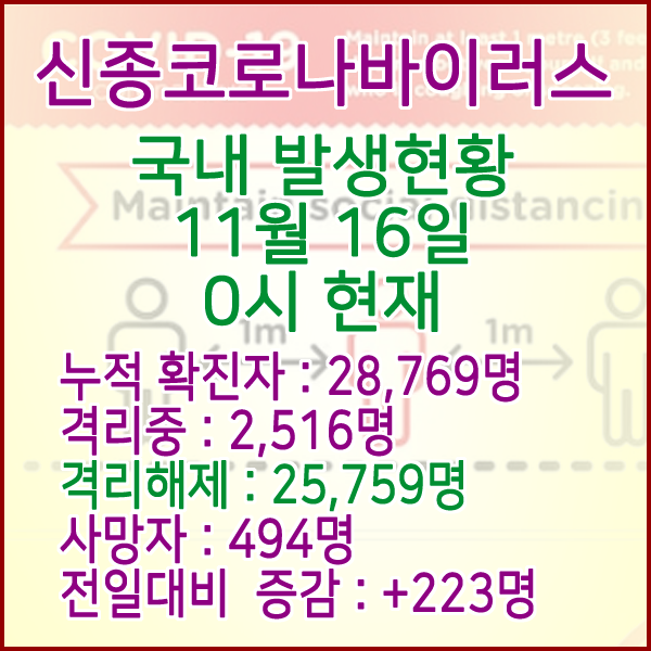  코로나19(코로나바이러스) 11월 16일 0시 국내(해외포함) 발병 28,769명 / 25,759명 완치 격리해제 / 사망자 494명