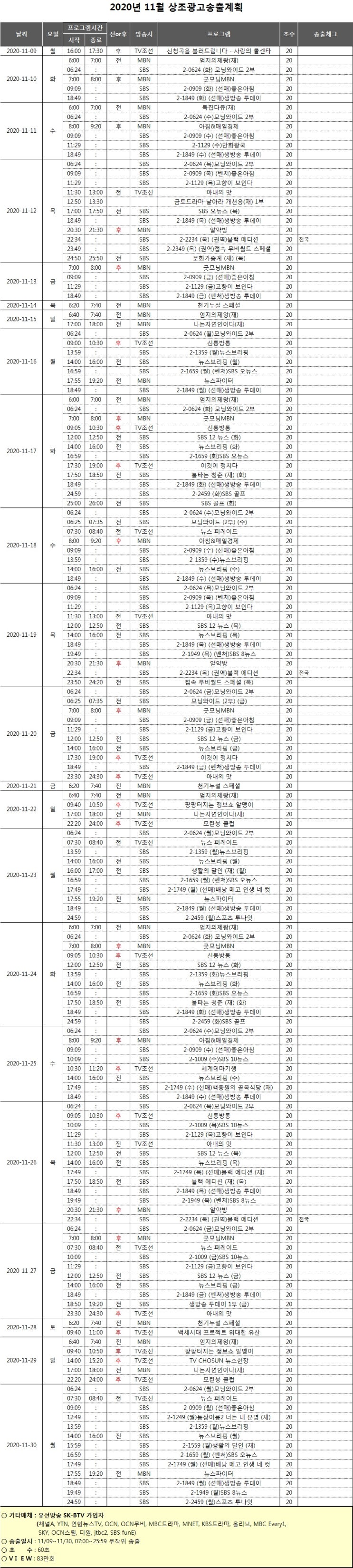   2020년 11월 노블레스상조 광고송출 