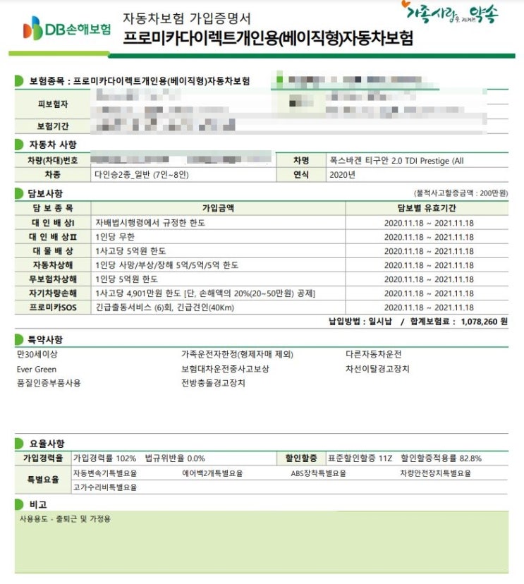  티구안 올스페이스 DB 자동차보험 가입 #201118