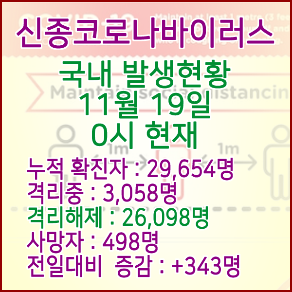  코로나19(코로나바이러스) 11월 19일 0시 국내(해외포함) 발병 29,654명 / 26,098명 완치 격리해제 / 사망자 498명