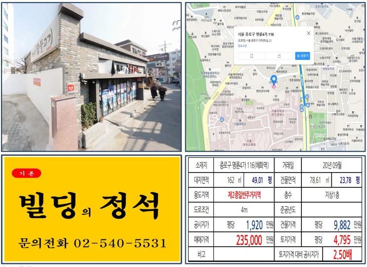 [종로구 대학로 20억 꼬마빌딩 실거래가 조회] 명륜4가 116 (혜화역) 23.5억 원, 평당 4,795만 원 매매되었습니다. 성균관대학교, 서울대학교, 홍익대학교 캠퍼스