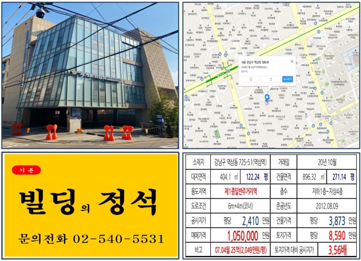 [강남구 테헤란로 100억 꼬마발딩 실거래가 조회] 역삼동 725-51 (역삼역) 105억 원, 평당 8,590만 원 매매되었습니다. 르네상스호텔 재개발, 80억 매각차익