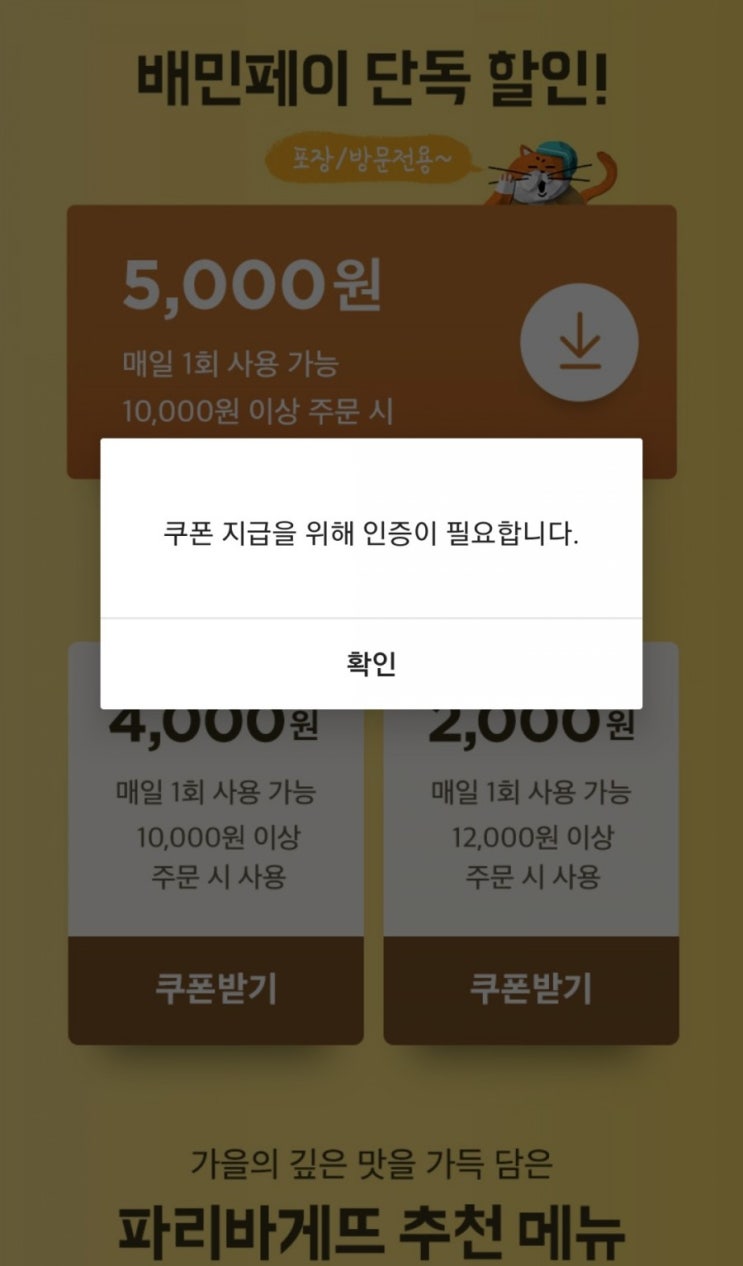 배달의 민족 쿠폰지급 인증에러 배달의 민족 쿠폰지급 인증에러