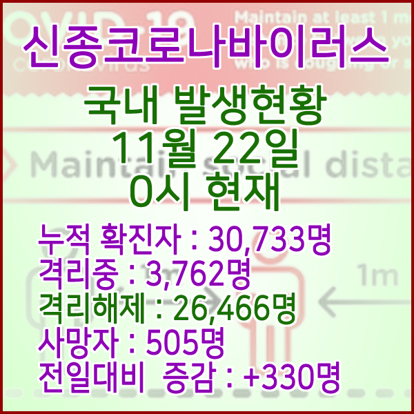  코로나19(코로나바이러스) 11월 22일 0시 국내(해외포함) 발병 30,733명 / 26,466명 완치 격리해제 / 사망자 505명