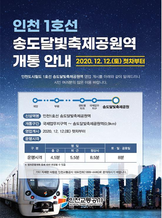 인천도시철도1호선 송도달빛축제공원역 12월 12일 개통