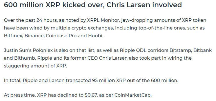  [단상] 비트코인, 이더리움, 시세 차트, 리플 공동 창립자 등 지난 24시간 6억 XRP 이체