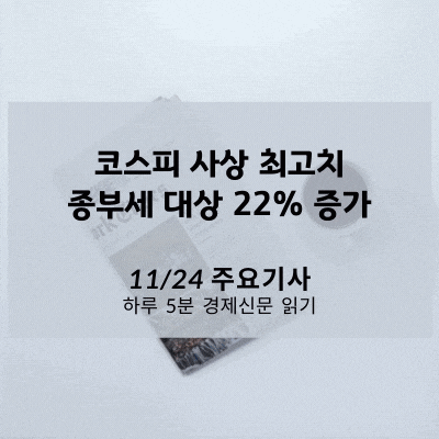 [11/24 경제신문] 코스피 사상 최고치, 종부세 대상 22% 증가