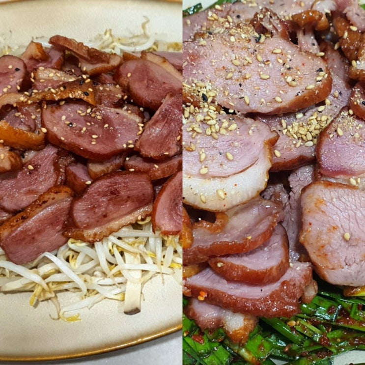  숙주나물 위에 올린 훈제 오리 요리와 부추무침에 올린 훈제 오리 요리 어떤 스타일을 더 좋아하세요?