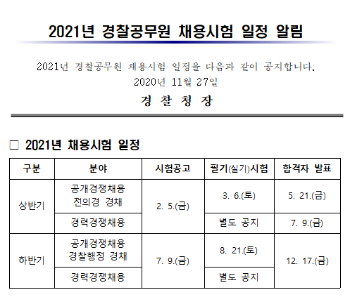  2021년 경찰공무원 채용시험 계획 일정 공고!!!
