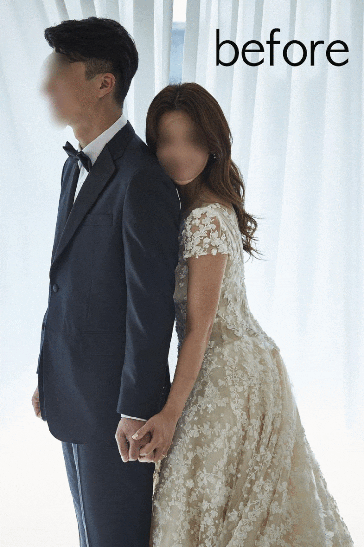 [기본보정] 냥포토 웨딩사진보정업체 - 드레스 & 턱시도 라인 정리, 신랑 & 신부 얼굴 라인 및 피부톤 정리 등