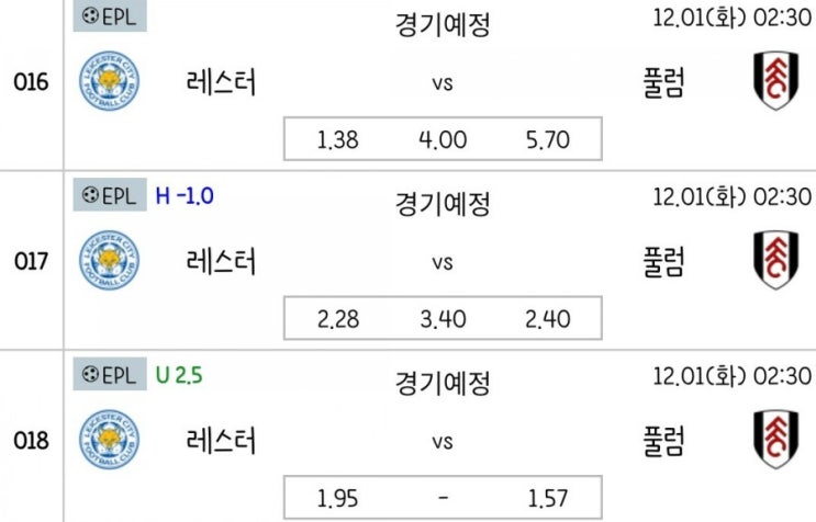 2020.11.30 EPL 프리미어리그 레스터 풀럼 | 웨스트햄 애스턴