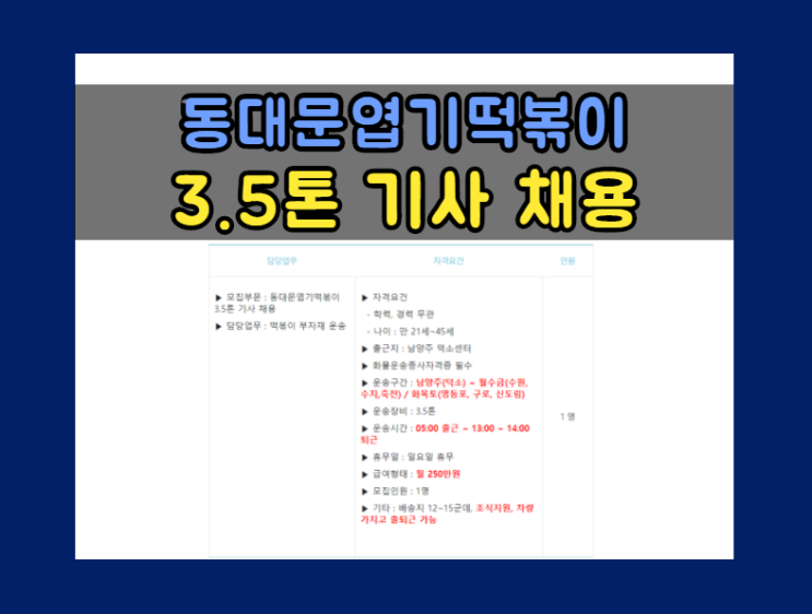 [동대문엽기떡볶이] 3.5톤 화물차 기사 채용 / 덕소 ~ 수도권 / 월 250만원
