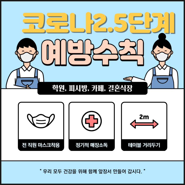  코로나 2.5단계 학원 피시방 카페 결혼식장 헬스장 예방수칙 기준