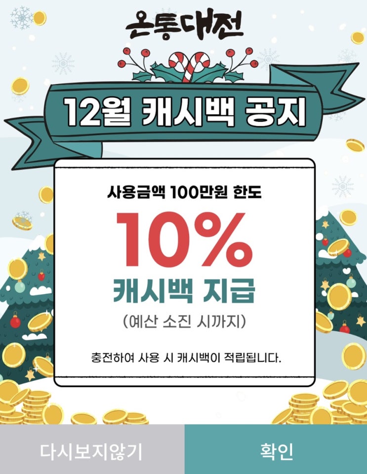  대전시민필독 / 대전지역화폐 온통대전 12월 캐시백 혜택