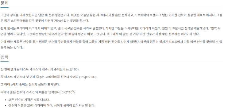  [백준/BOJ] 11098번 첼시를 도와줘!