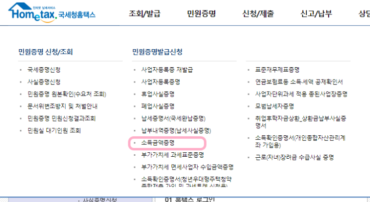  소득금액증명원 홈택스(온라인) 발급