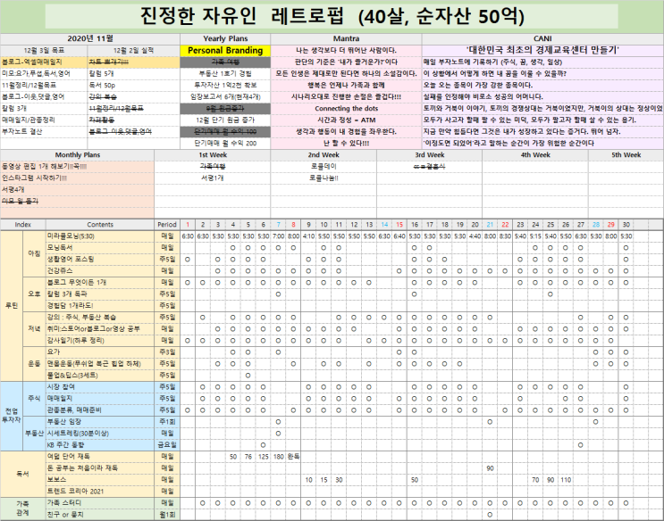 엑셀 월간계획표, 성공으로 가는 방법(11월 실적 / 12월 목표)