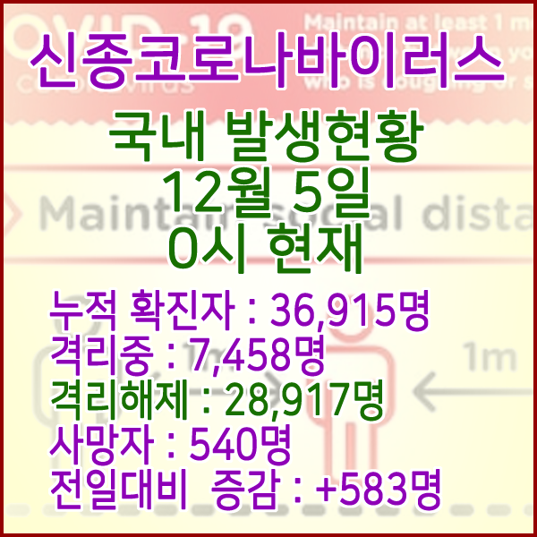  코로나19(코로나바이러스) 12월 5일 0시 국내(해외포함) 발병 36,915명 / 28,917명 완치 격리해제 / 사망자 540명