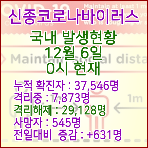  코로나19(코로나바이러스) 12월 6일 0시 국내(해외포함) 발병 37,546명 / 29,128명 완치 격리해제 / 사망자 545명