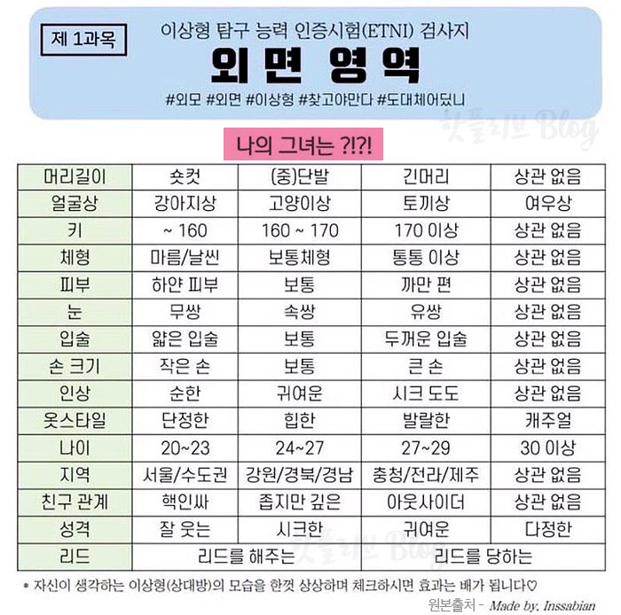 이상형 탐구 능력 인증시험 ETNI 검사지,취향표 (외면,내면 영역) : 네이버 블로그 이상형 탐구 능력 인증시험 Etni 검사지,취향표 (외면,내면 영역) : 네이버 블로그