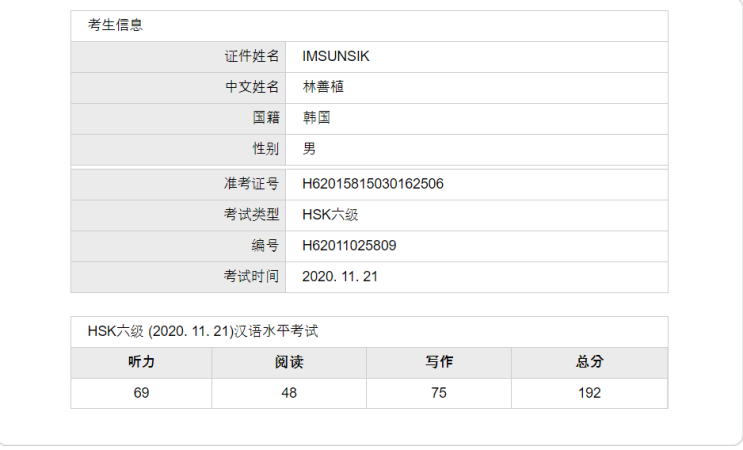  HSK6급 시험 결과 발표(2020년 11월 21일)
