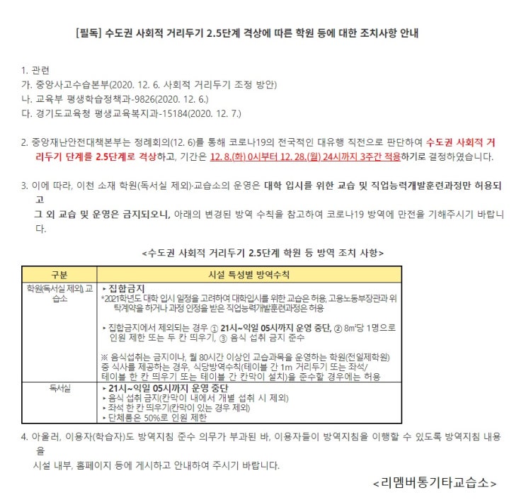 사회적 거리두기 2.5단계 격상에 따른 교습소 집합금지 안내 (리멤버통기타교습소) 사회적 거리두기 2.5단계 격상에 따른 교습소 집합금지 안내 (리멤버통기타교습소)