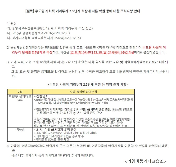 사회적 거리두기 2.5단계 격상에 따른 교습소 집합금지 안내 (리멤버통기타교습소)