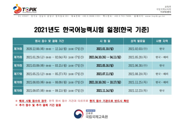 한국어토픽시험 12월 8일부터 접수 / 제 74회 2021년 1월 10일 일요일 시험응시