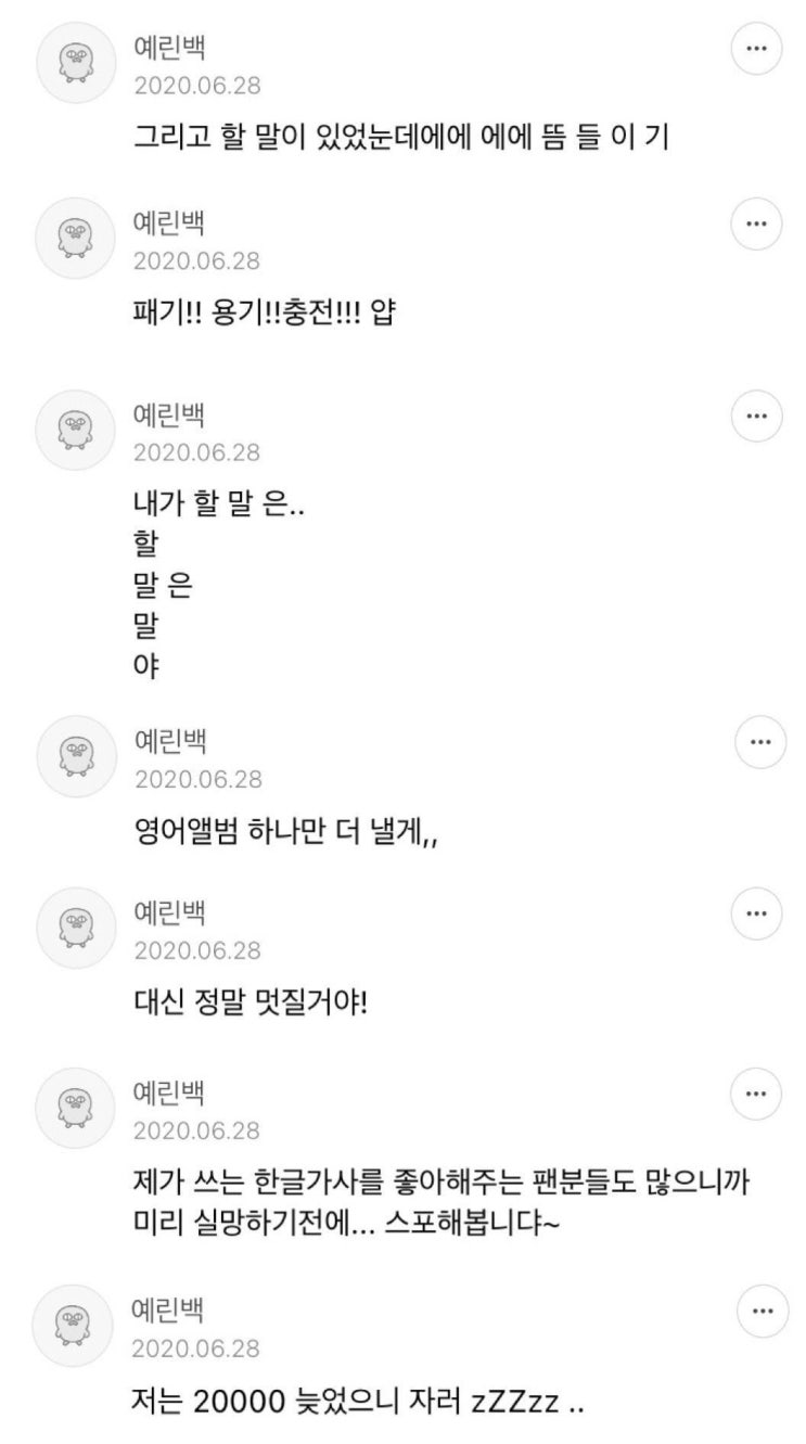  백예린 영어앨범 관련 팬까페에 쓴 댓글
