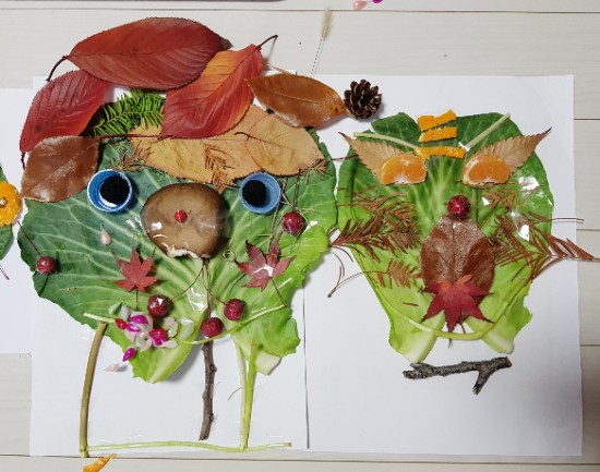 엄마표미술놀이 - 야채와 과일, 나뭇잎으로 배추얼굴을 만들어보아요!