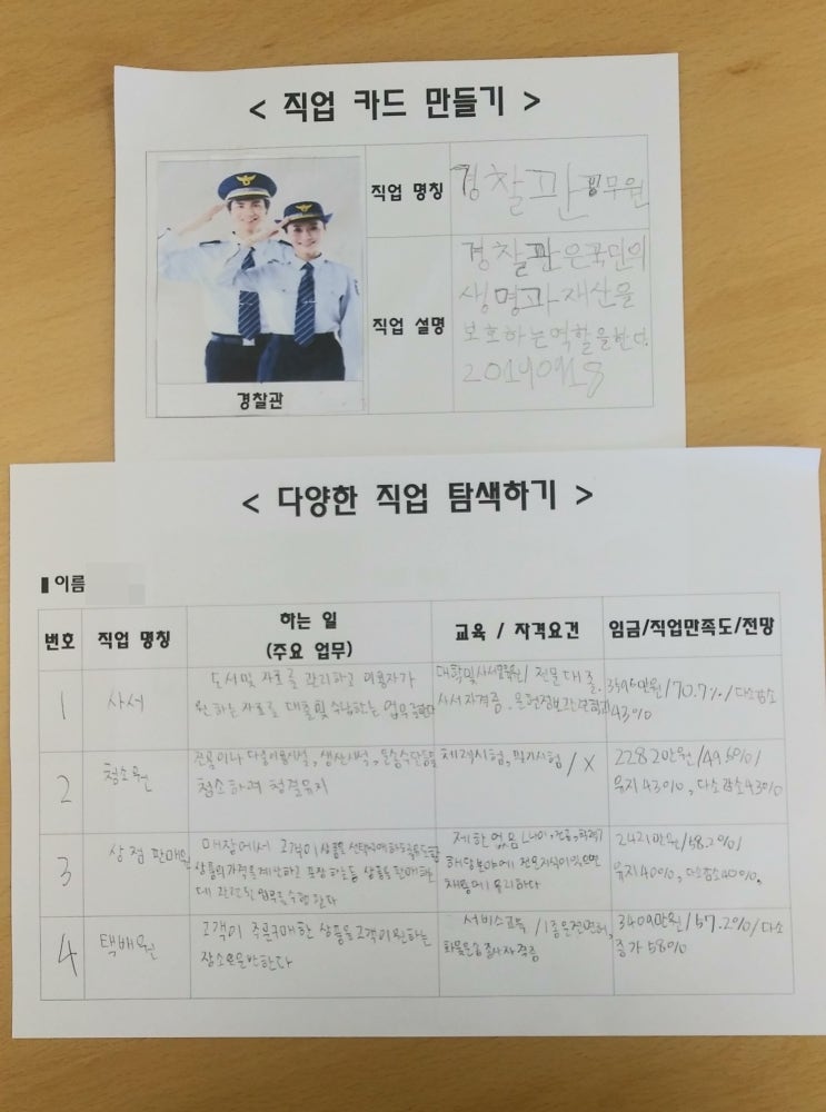  자신의 희망 직업 조사 수업