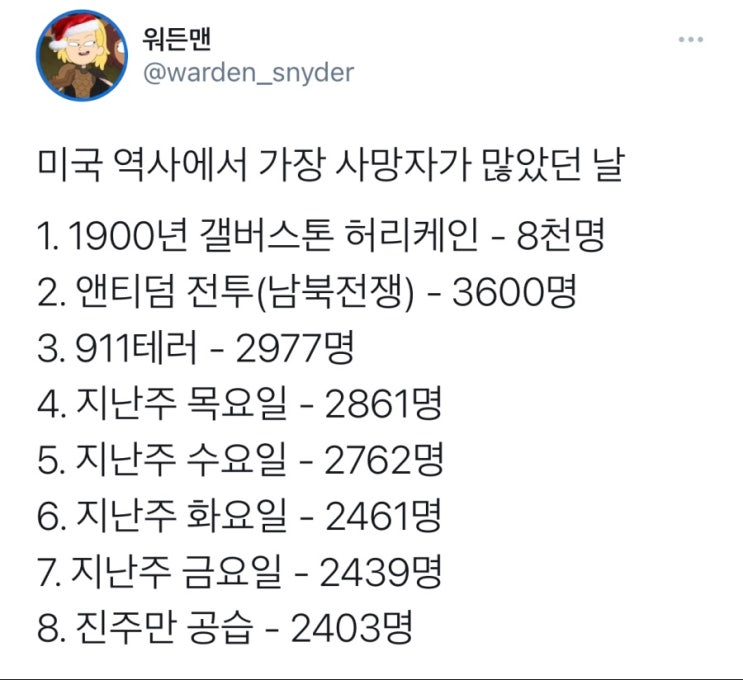  자연사 이외 미국에서 가장 사람이 많이 죽은 날