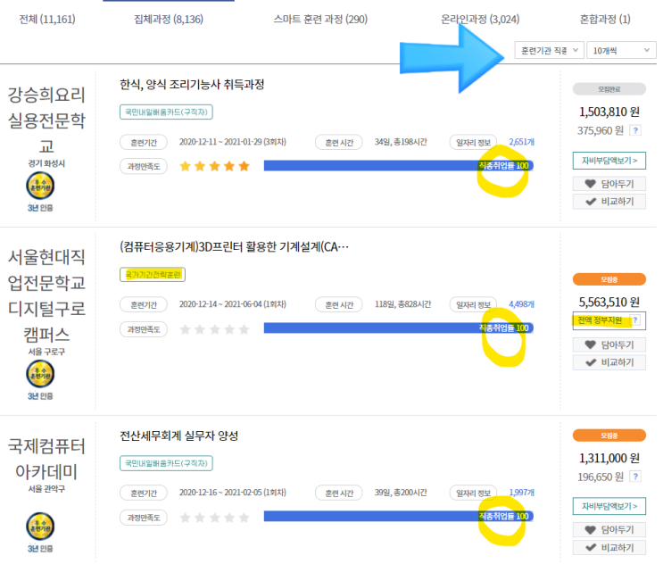  국민내일배움카드 취업 잘 되는 훈련기관 찾아보기!(마케팅, 회계, 한식, 제빵 등)/국가기간훈련직종은 몇백만원짜리 훈련도 무료!