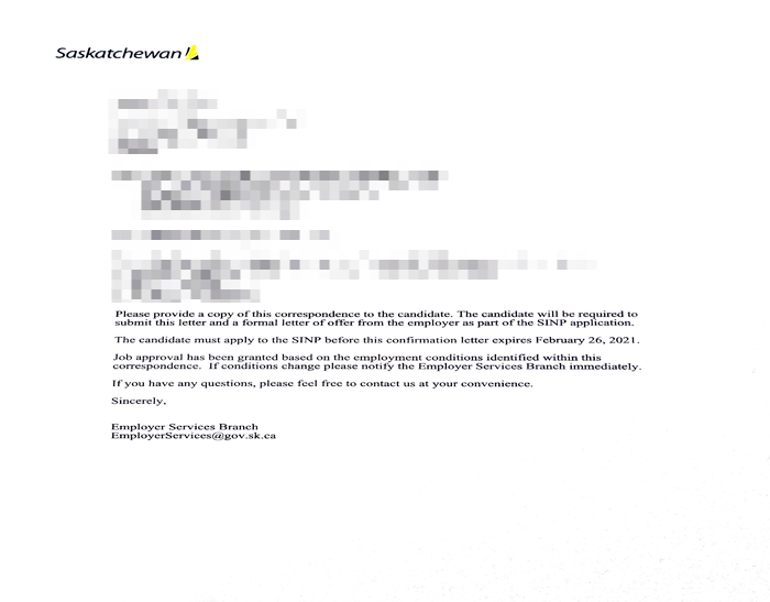  캐나다 워킹홀리데이 SINP Job approval letter