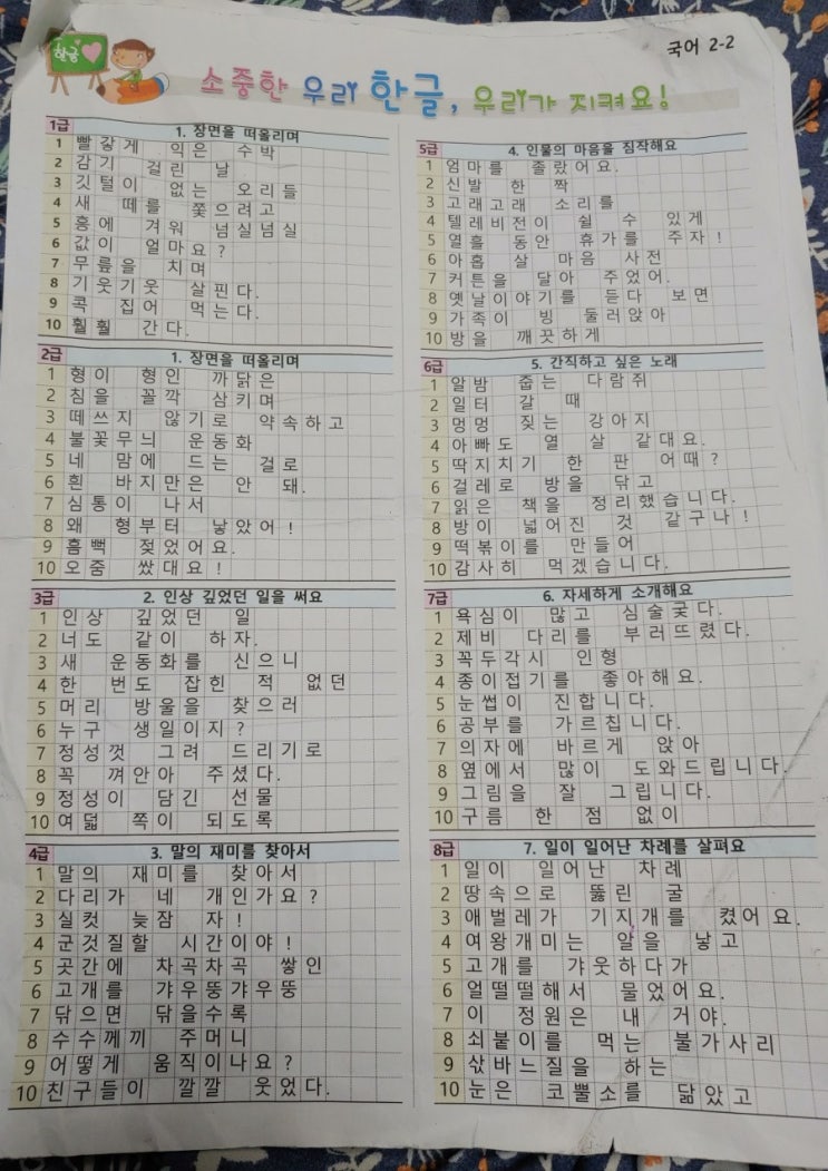  초등학교 2학년받아쓰기급수표
