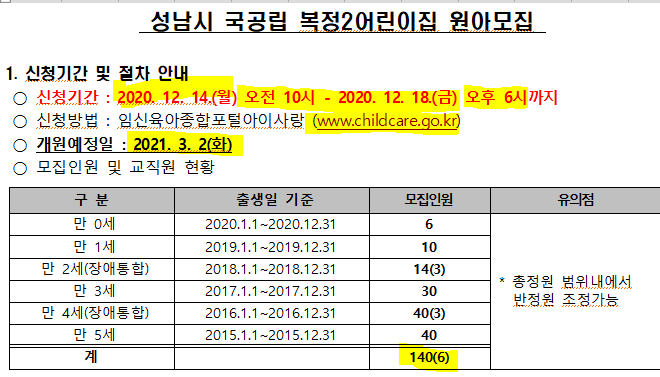  복정2국공립 어린이집 원아모집안내(포레스티아, 위례 아이키우는 분 주목)'20.12.14~18까지 입소신청