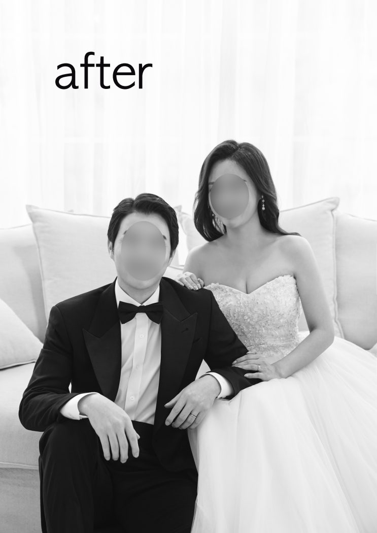  [기본보정] 냥포토 웨딩사진보정업체 - 드레스 & 턱시도 라인 정리, 신랑 & 신부 얼굴 라인 및 피부톤 정리, 승모근 축소 등