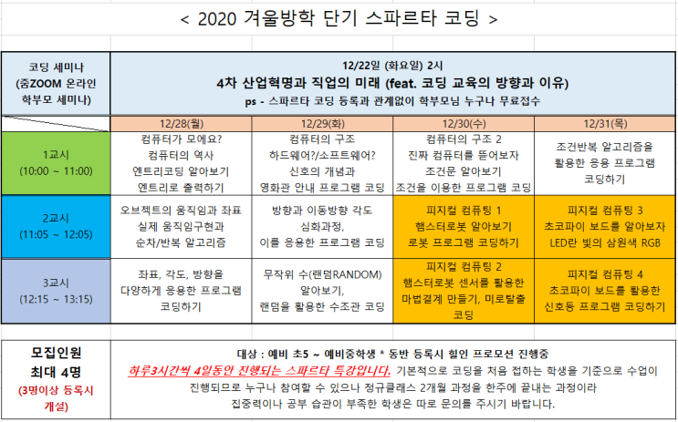  <겨울방학 스파르타 코딩 특강 및 학부모 코딩세미나 안내> 김해 율하 장유 부산 명지 율산초 모산초 모산중 수남초 수남중 율하초 율하중 관동초 관동중