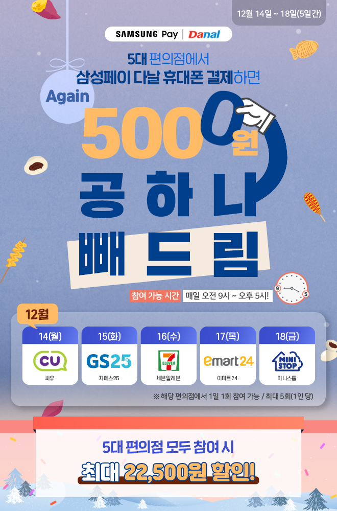  삼성페이 X 다날 휴대폰 결제 5대 편의점 최대 22500원 할인 ~ 12.18일