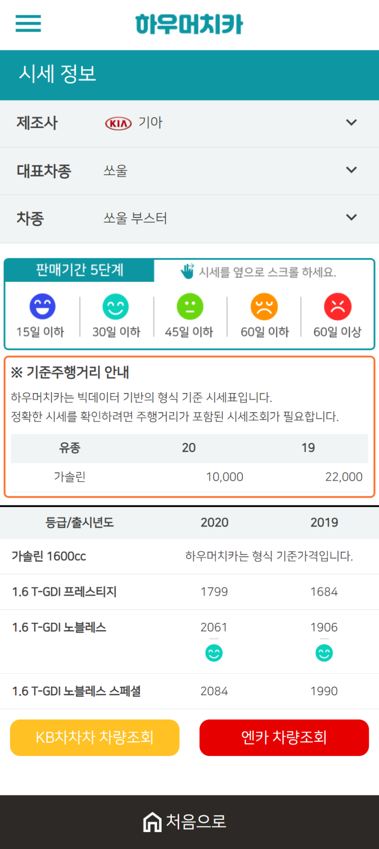 하우머치카 2020년 12월 쏘울 부스터 중고차시세표