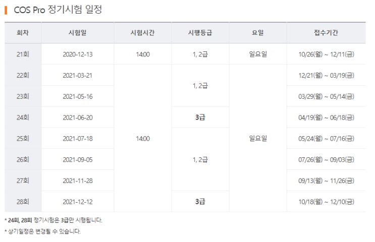 [낙서장]2020. 12. 15. : 21년 COS Pro 시험 일정